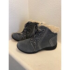 Earth Origins Crowley Grey Leather Faux Fur Trim Ankle Boots Womens 8M 2015F